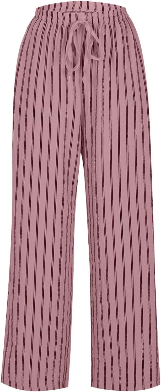 2025 Women Striped Wide Leg Pant Casual Drawstring Waist Pant Baggy Contrast Lounge Sleepwear Straight Leg Trouser