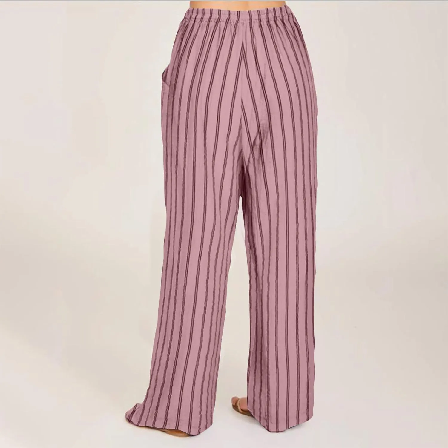 2025 Women Striped Wide Leg Pant Casual Drawstring Waist Pant Baggy Contrast Lounge Sleepwear Straight Leg Trouser