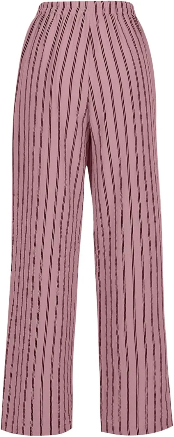 2025 Women Striped Wide Leg Pant Casual Drawstring Waist Pant Baggy Contrast Lounge Sleepwear Straight Leg Trouser