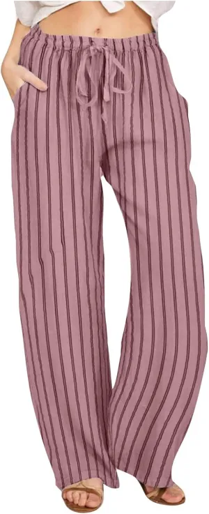 2025 Women Striped Wide Leg Pant Casual Drawstring Waist Pant Baggy Contrast Lounge Sleepwear Straight Leg Trouser