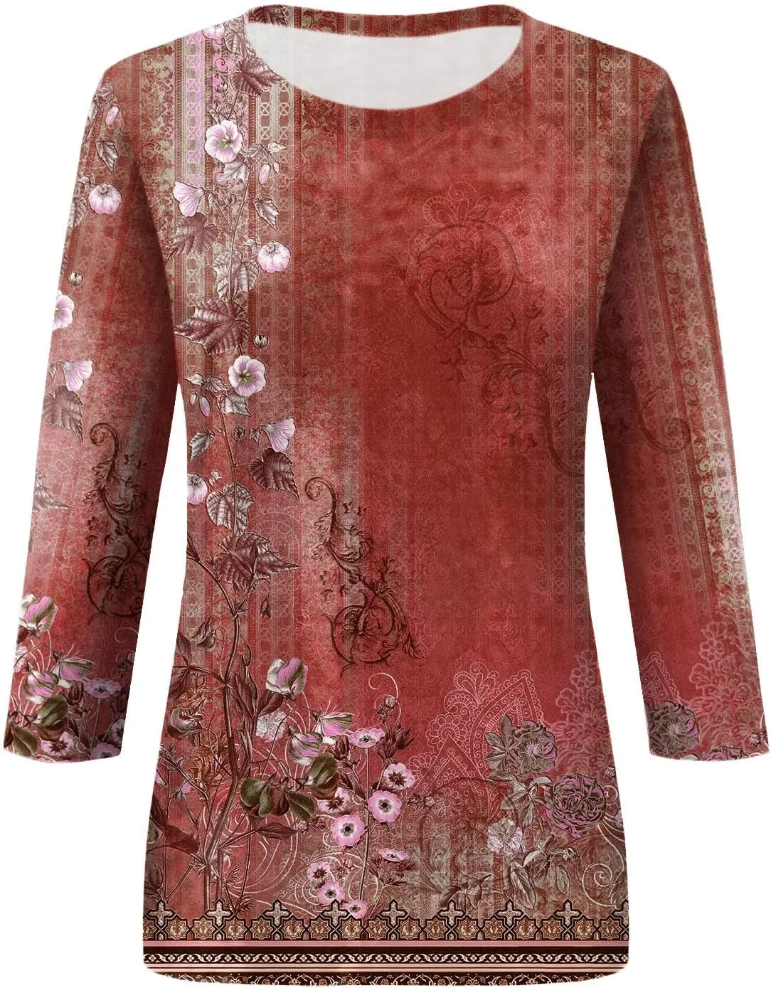 3/4 Length Sleeve Womens Tops Crew Neck Blouses Loose Fit Tunic Tops Casual Tee Shirt Floral Print Summer T-Shirts