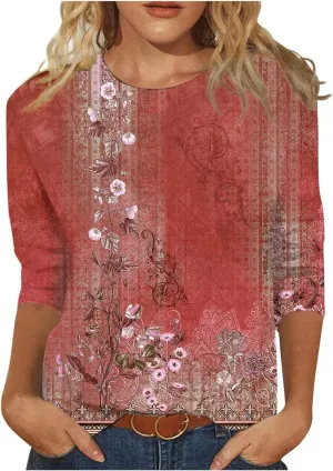 3/4 Length Sleeve Womens Tops Crew Neck Blouses Loose Fit Tunic Tops Casual Tee Shirt Floral Print Summer T-Shirts