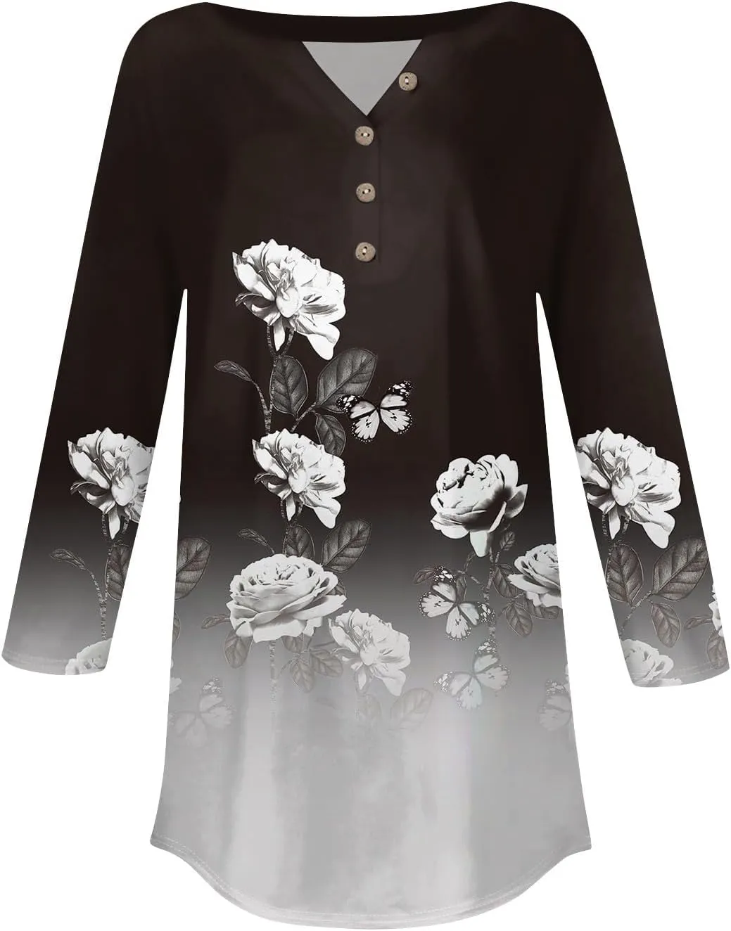 3/4 Length Sleeve Womens Tops Dressy Casual Henley Neck Button Down Shirts Floral Blouses Summer Tops Tunic Top