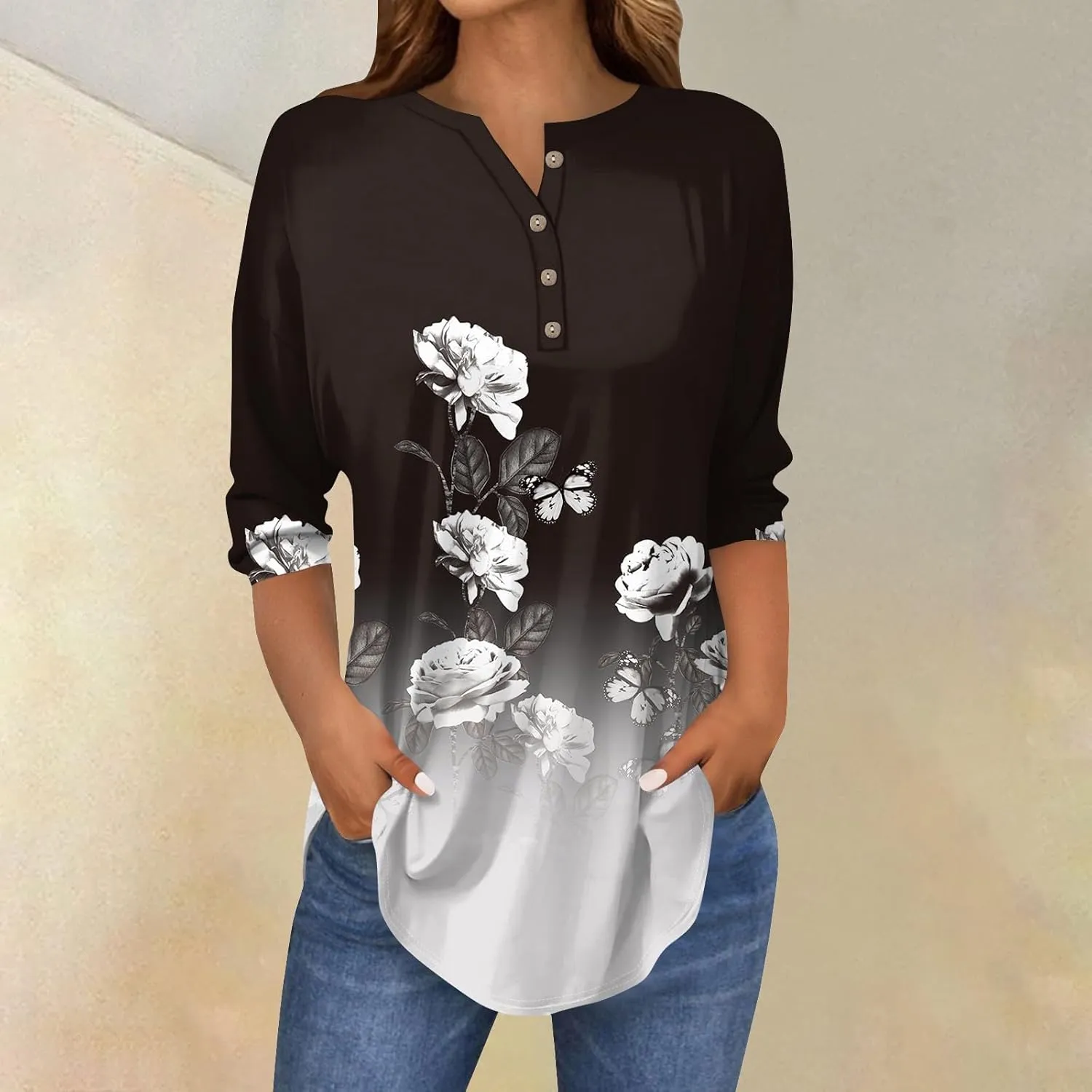 3/4 Length Sleeve Womens Tops Dressy Casual Henley Neck Button Down Shirts Floral Blouses Summer Tops Tunic Top
