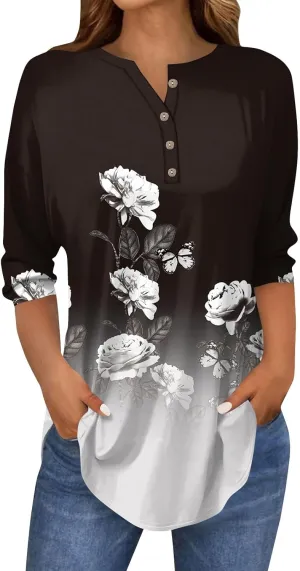 3/4 Length Sleeve Womens Tops Dressy Casual Henley Neck Button Down Shirts Floral Blouses Summer Tops Tunic Top