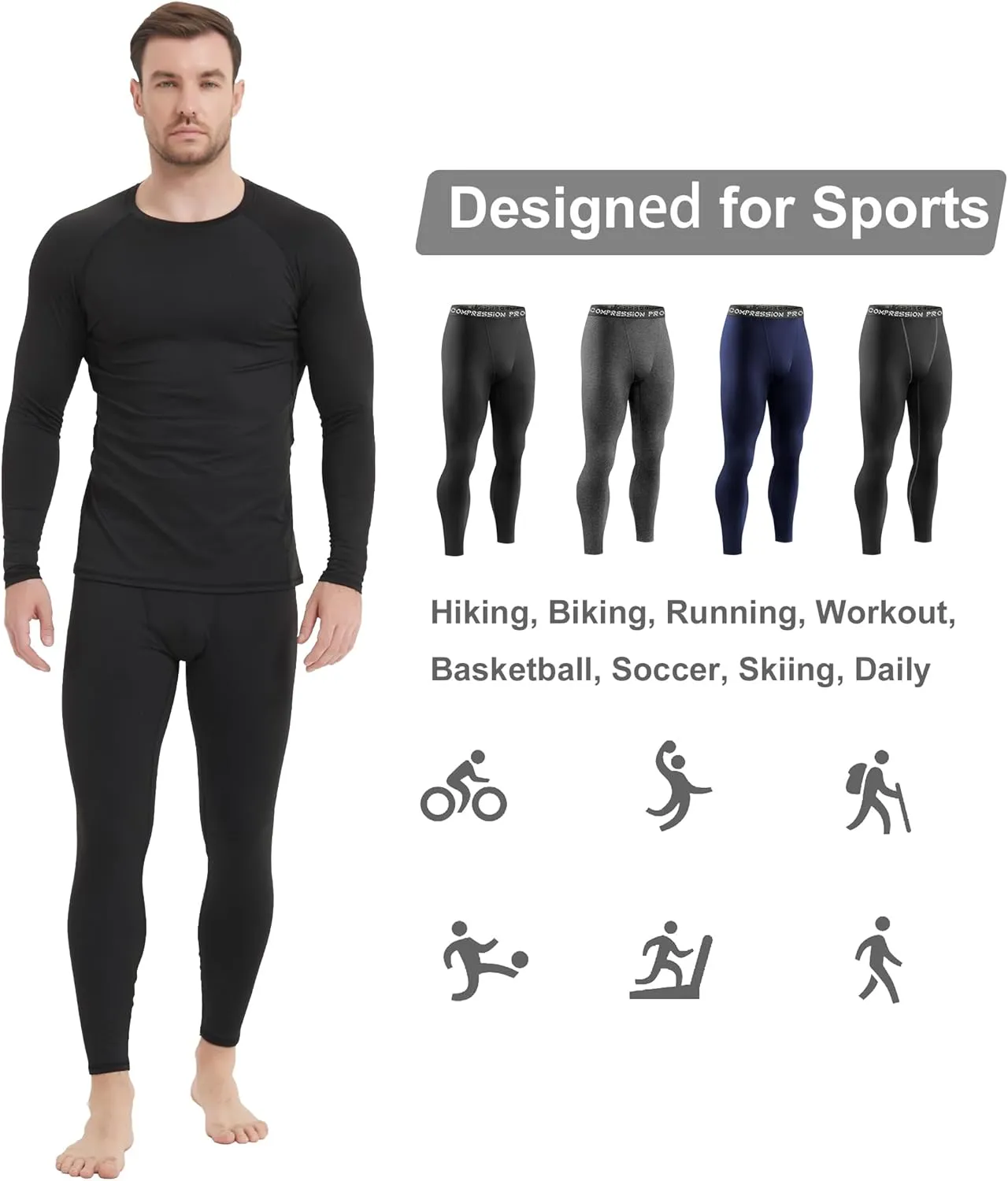4 Pack Men Thermal Compression Pants,Fleece Lined Heated Leggings for Cold Weather Sports Athletic Winter Baselayer