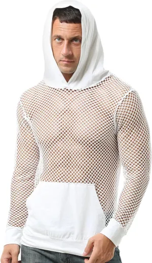 Aivtalk Men’s Mesh Fishnet Hoodie Long Sleeves Crop Top See Through Pullover Sweatshirt Workout Tank Tops with Pockets