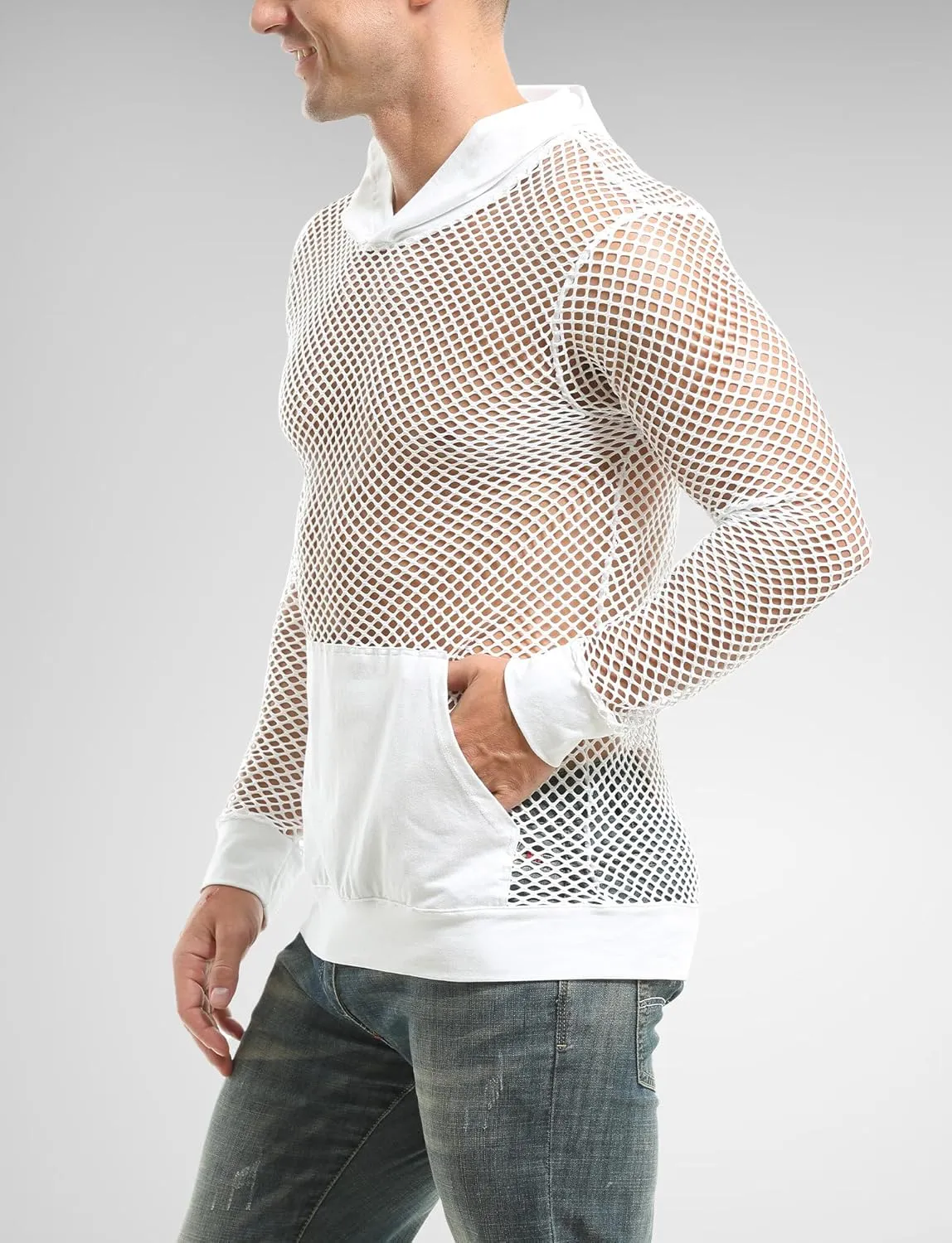 Aivtalk Men’s Mesh Fishnet Hoodie Long Sleeves Crop Top See Through Pullover Sweatshirt Workout Tank Tops with Pockets