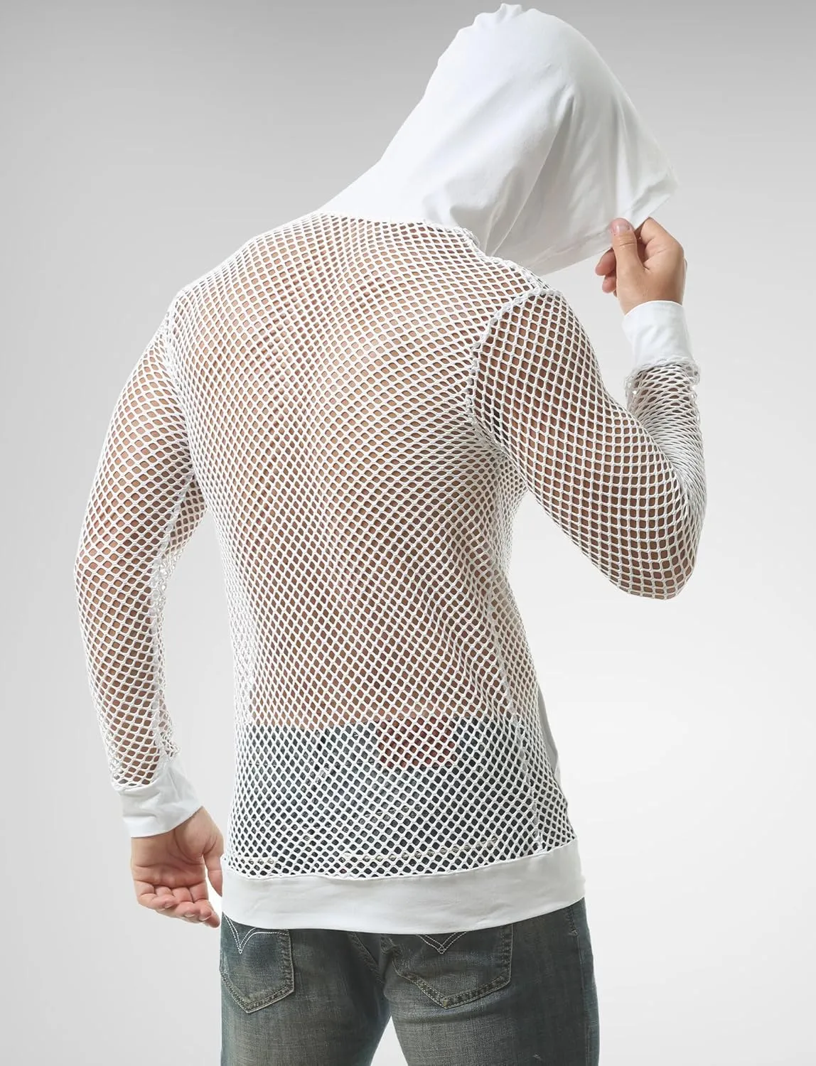 Aivtalk Men’s Mesh Fishnet Hoodie Long Sleeves Crop Top See Through Pullover Sweatshirt Workout Tank Tops with Pockets