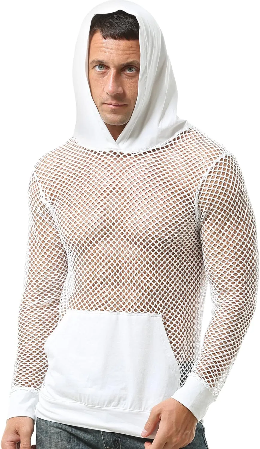 Aivtalk Men’s Mesh Fishnet Hoodie Long Sleeves Crop Top See Through Pullover Sweatshirt Workout Tank Tops with Pockets