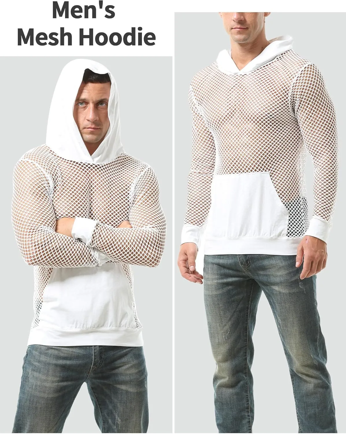 Aivtalk Men’s Mesh Fishnet Hoodie Long Sleeves Crop Top See Through Pullover Sweatshirt Workout Tank Tops with Pockets