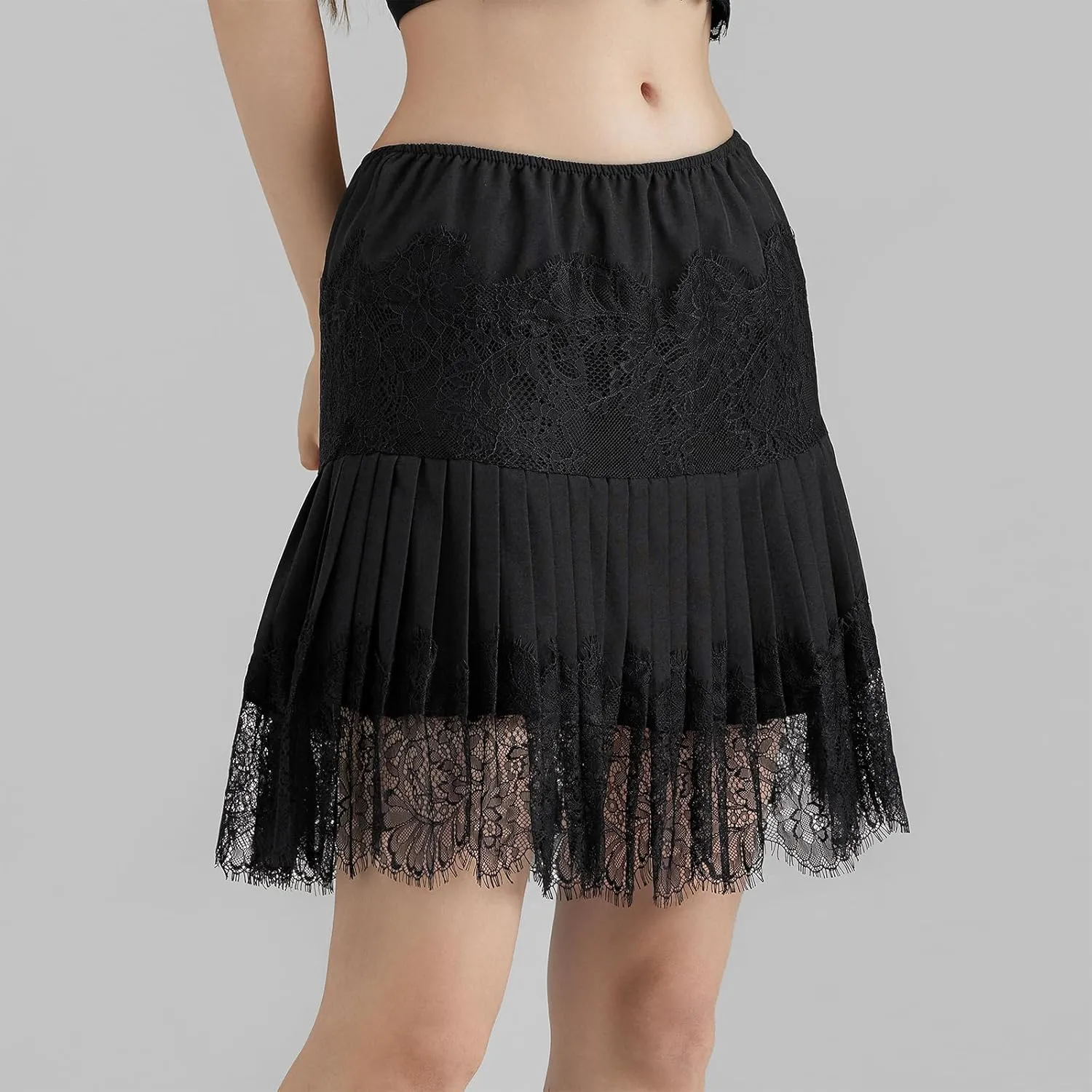 Amuver Women Y2k Lace Mini Skirt Pleated Flowy Half Slip Short Skirts Ruffled Layered Shirt Extender Underskirt