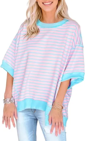 Apvirdy Womens Stripe Colorblock Oversized T-Shirts Seam High Low Pullover Tops Crewneck Short Sleeve Baggy Tops