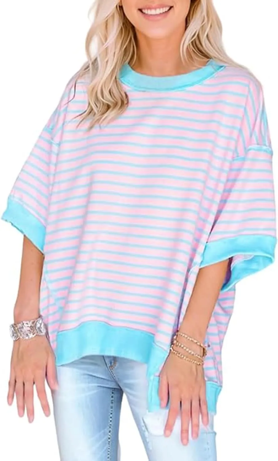 Apvirdy Womens Stripe Colorblock Oversized T-Shirts Seam High Low Pullover Tops Crewneck Short Sleeve Baggy Tops