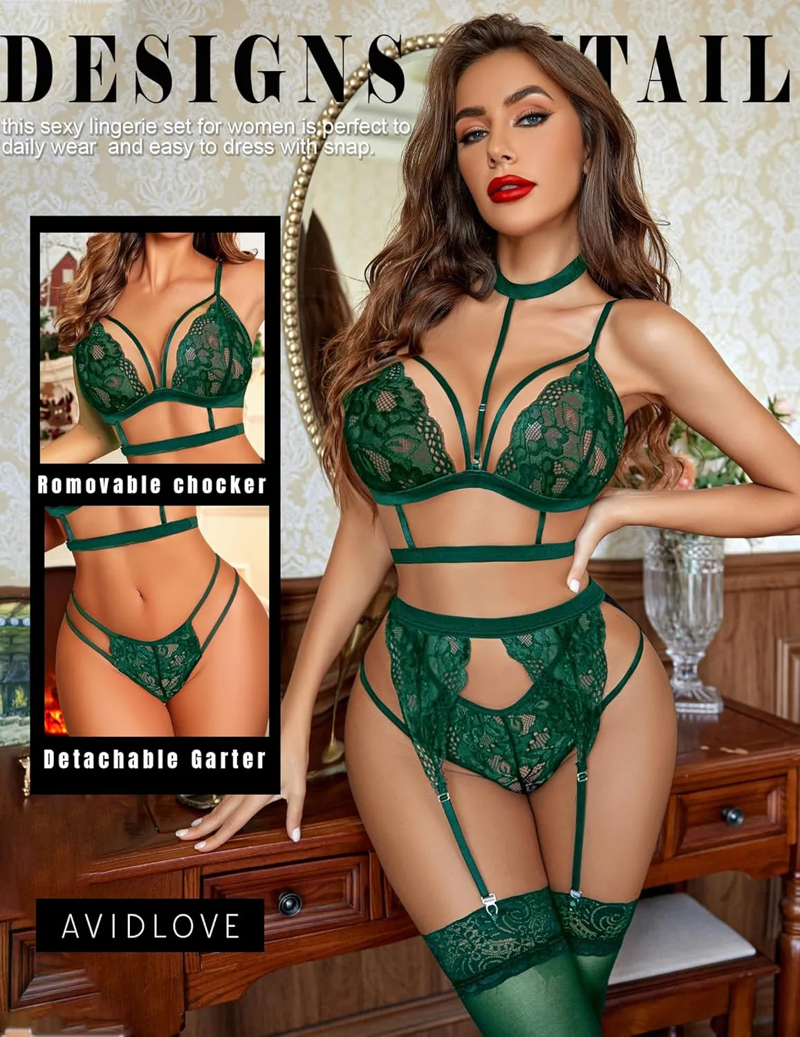 Avidlove Lace Garter Lingerie Set with Removable Choker Teddy Babydoll Strappy Bra and Panty Set (No Stockings)