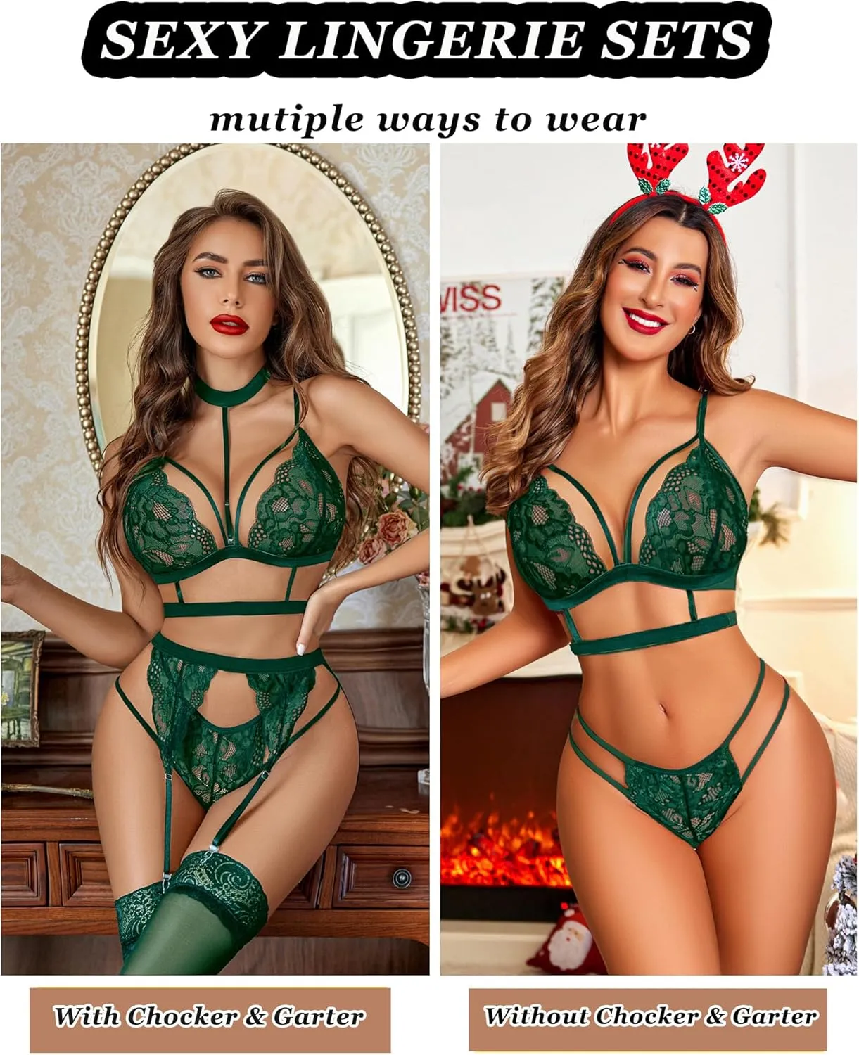Avidlove Lace Garter Lingerie Set with Removable Choker Teddy Babydoll Strappy Bra and Panty Set (No Stockings)