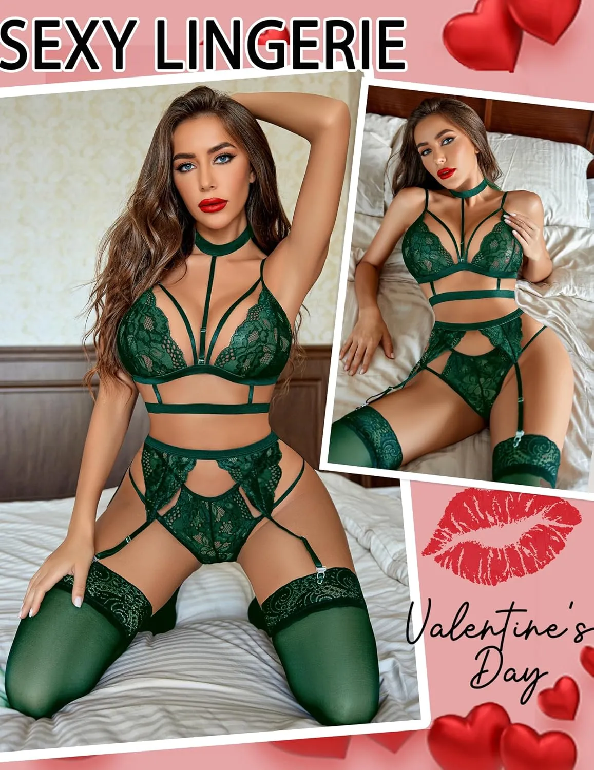 Avidlove Lace Garter Lingerie Set with Removable Choker Teddy Babydoll Strappy Bra and Panty Set (No Stockings)