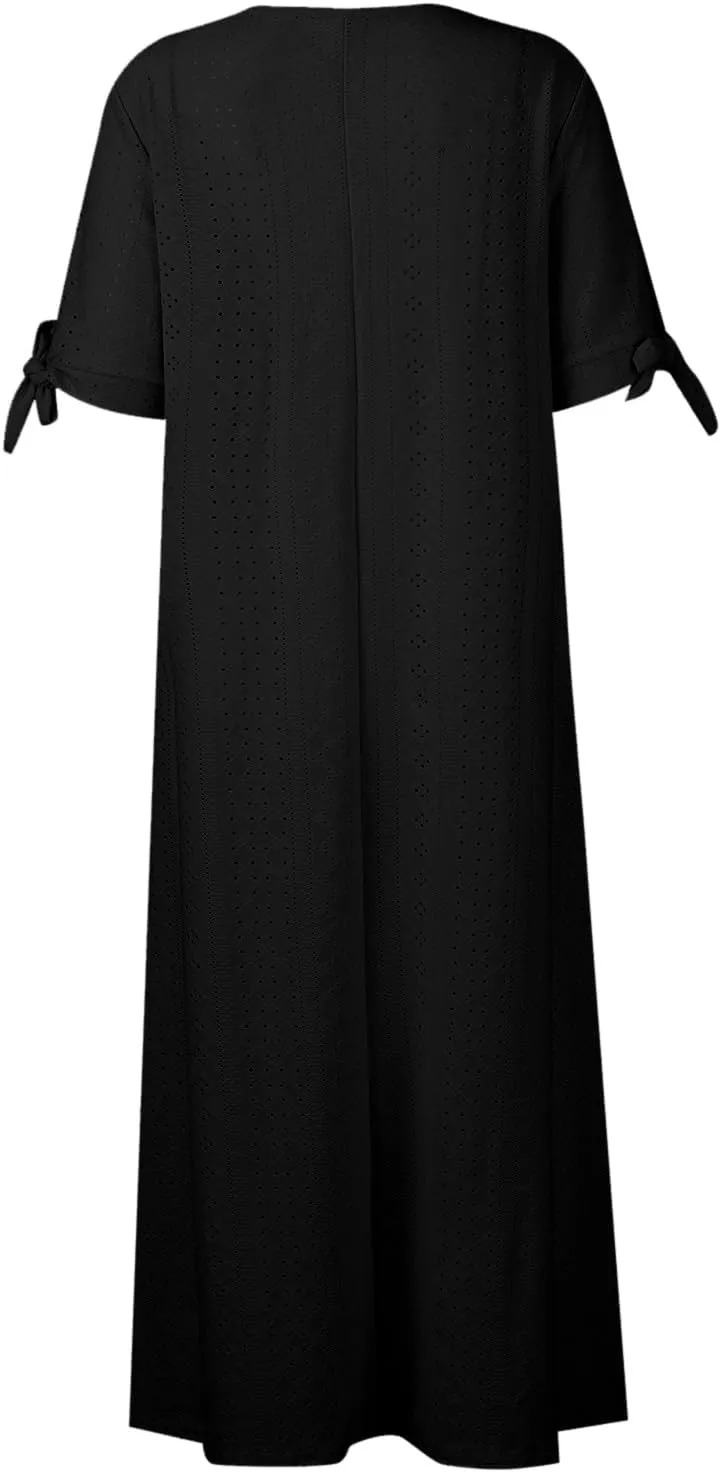 Azeralia Summer Dresses for Women 2025 V Neck Off Shoulder Short Sleeve Dress Casual Loose Maxi Dresses