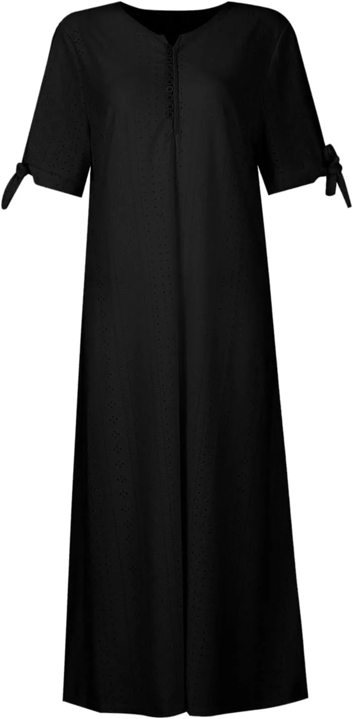 Azeralia Summer Dresses for Women 2025 V Neck Off Shoulder Short Sleeve Dress Casual Loose Maxi Dresses