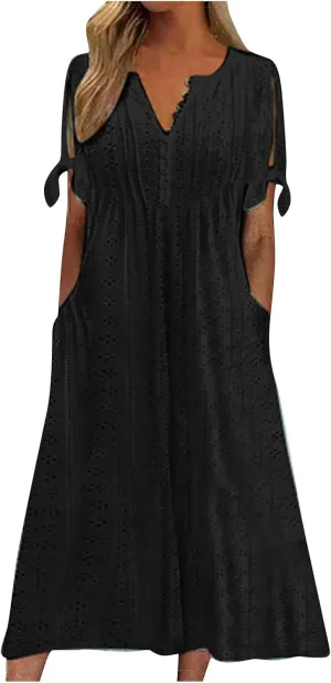 Azeralia Summer Dresses for Women 2025 V Neck Off Shoulder Short Sleeve Dress Casual Loose Maxi Dresses