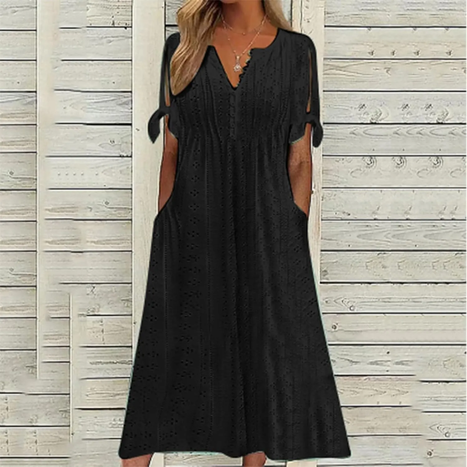 Azeralia Summer Dresses for Women 2025 V Neck Off Shoulder Short Sleeve Dress Casual Loose Maxi Dresses