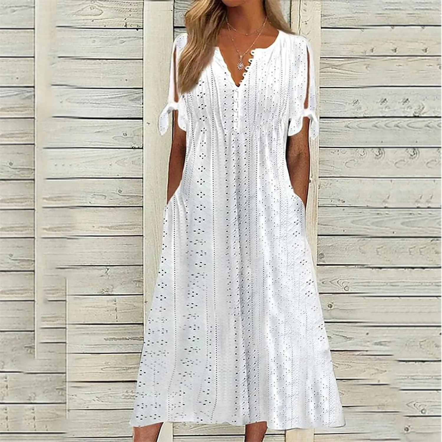 Azeralia Summer Dresses for Women 2025 V Neck Off Shoulder Short Sleeve Dress Casual Loose Maxi Dresses