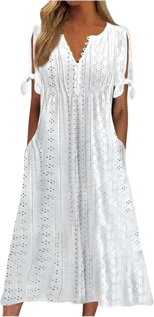 Azeralia Summer Dresses for Women 2025 V Neck Off Shoulder Short Sleeve Dress Casual Loose Maxi Dresses