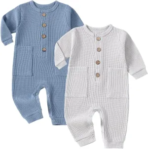 Baby Boys Girls 2 Pack Solid Romper Ribbed Long Sleeve One-Piece Knit Cotton Jumpsuit Outfits Clothes
