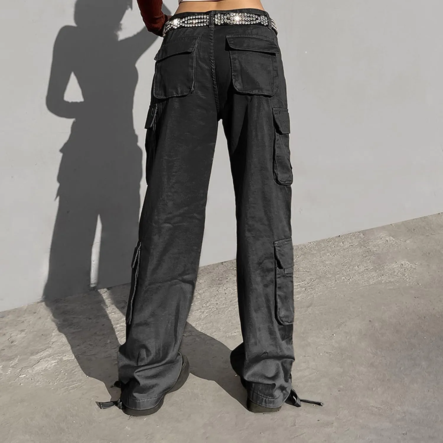 Baggy Cargo for Women Low Waist Cargo Pants Sweatpants Drawstring Loose Pocket Jogger Trousers Hippie Punk Streetwear
