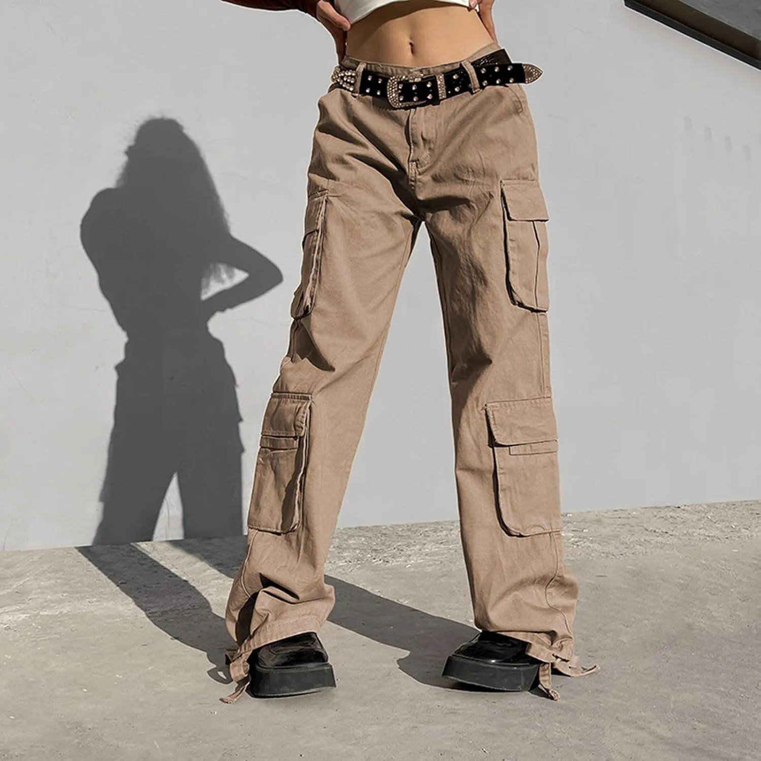 Baggy Cargo for Women Low Waist Cargo Pants Sweatpants Drawstring Loose Pocket Jogger Trousers Hippie Punk Streetwear