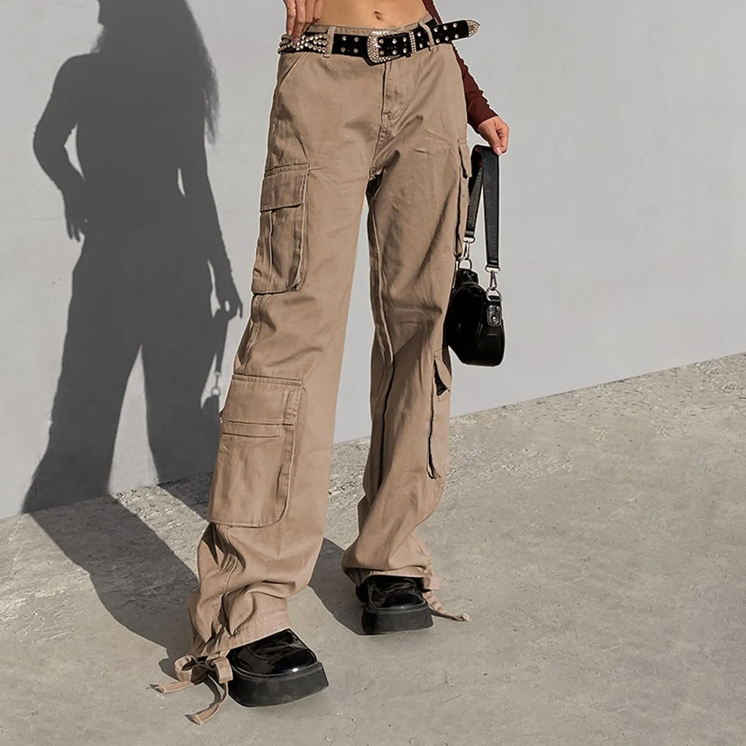 Baggy Cargo for Women Low Waist Cargo Pants Sweatpants Drawstring Loose Pocket Jogger Trousers Hippie Punk Streetwear