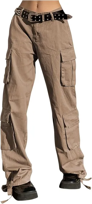 Baggy Cargo for Women Low Waist Cargo Pants Sweatpants Drawstring Loose Pocket Jogger Trousers Hippie Punk Streetwear