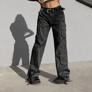 Baggy Cargo for Women Low Waist Cargo Pants Sweatpants Drawstring Loose Pocket Jogger Trousers Hippie Punk Streetwear