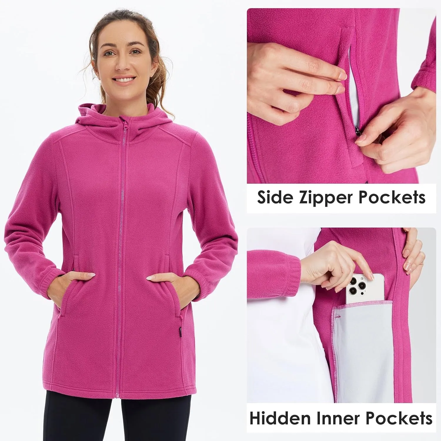baleaf Women's Long Fleece Jacket Full Zip Polar Fleece Hoodie Soft Lightweight Winter Coat