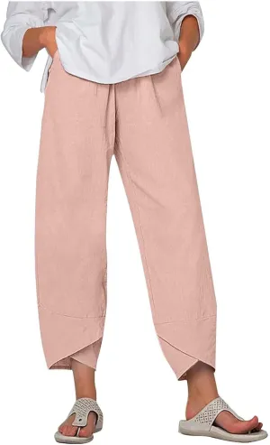 Beach Pants for Women 2025 Vacation Loose Capri Pants Baggy Elastic Waist Pants Summer Lounge Pants with Pockets