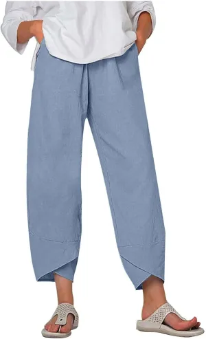 Beach Pants for Women 2025 Vacation Loose Capri Pants Baggy Elastic Waist Pants Summer Lounge Pants with Pockets