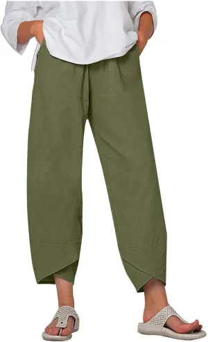 Beach Pants for Women 2025 Vacation Loose Capri Pants Baggy Elastic Waist Pants Summer Lounge Pants with Pockets