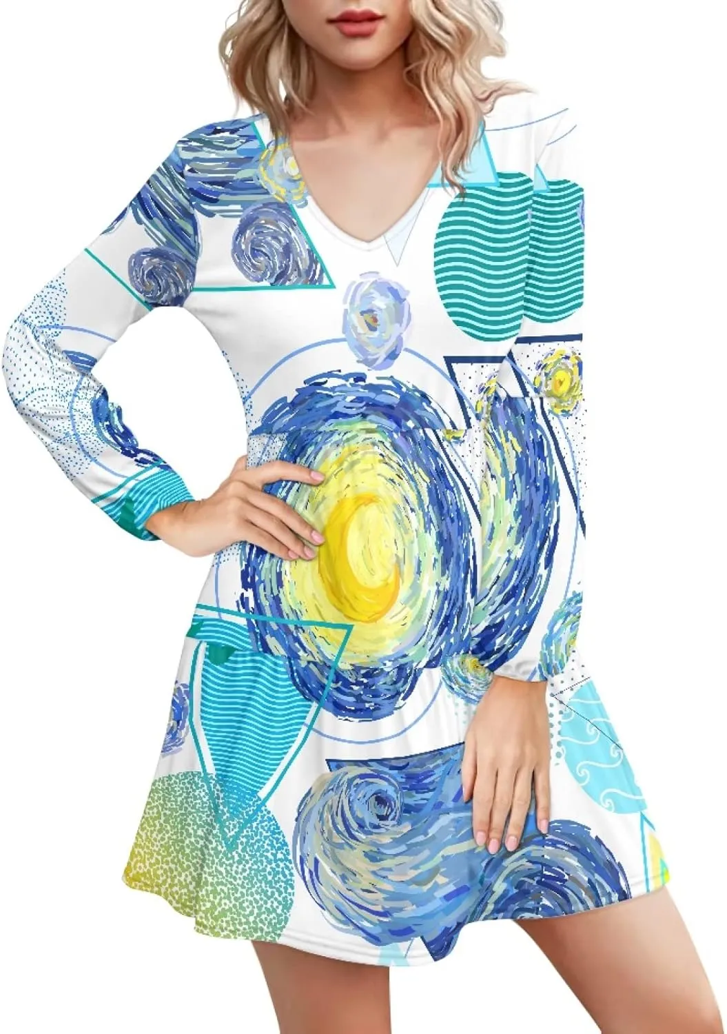Bengbobar 2023 Van Gogh Dress Women Starry Night Summer Spring Tunic Mini Long Puff Sleeve Casual Loose Flowy Shift Dress