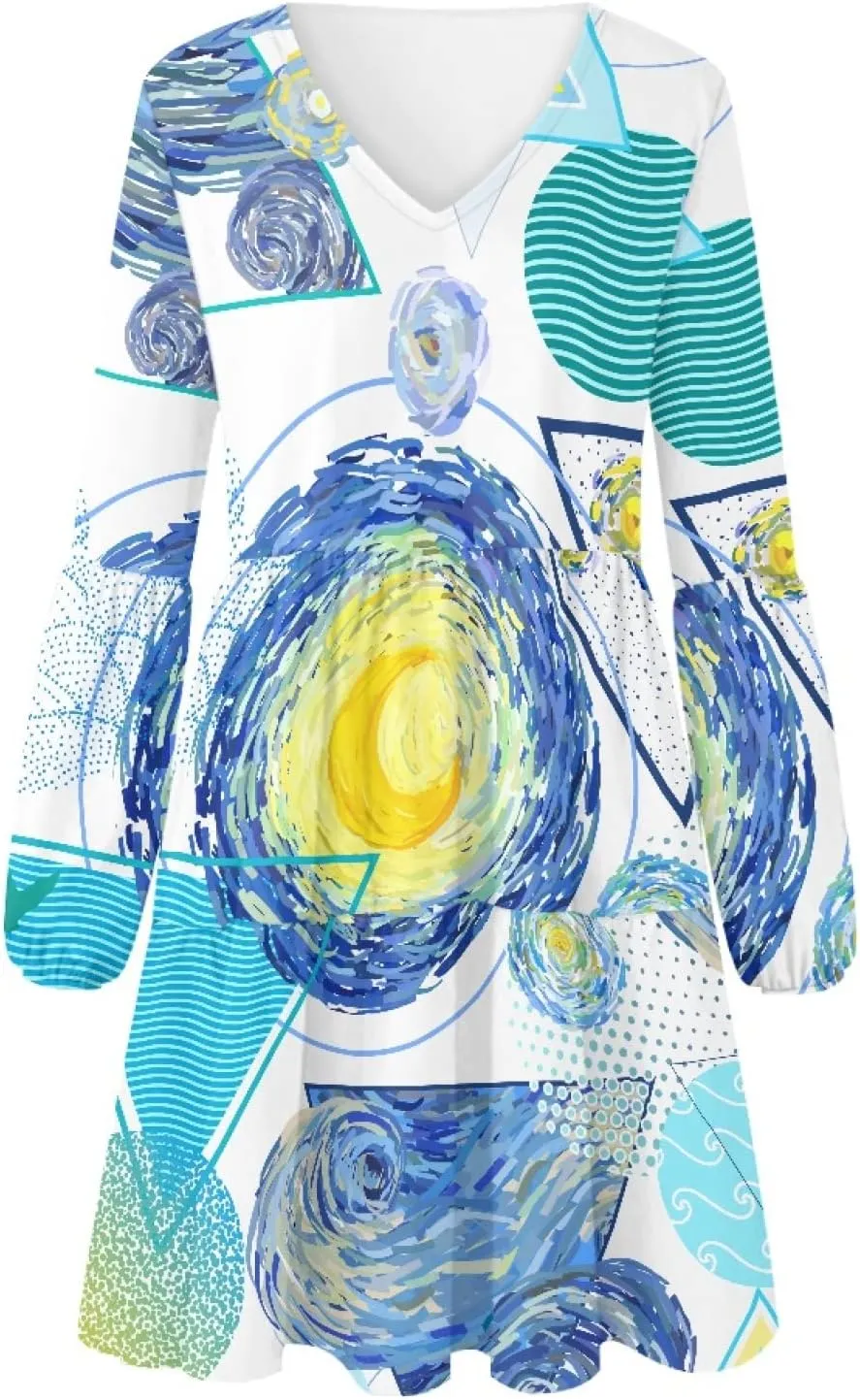 Bengbobar 2023 Van Gogh Dress Women Starry Night Summer Spring Tunic Mini Long Puff Sleeve Casual Loose Flowy Shift Dress