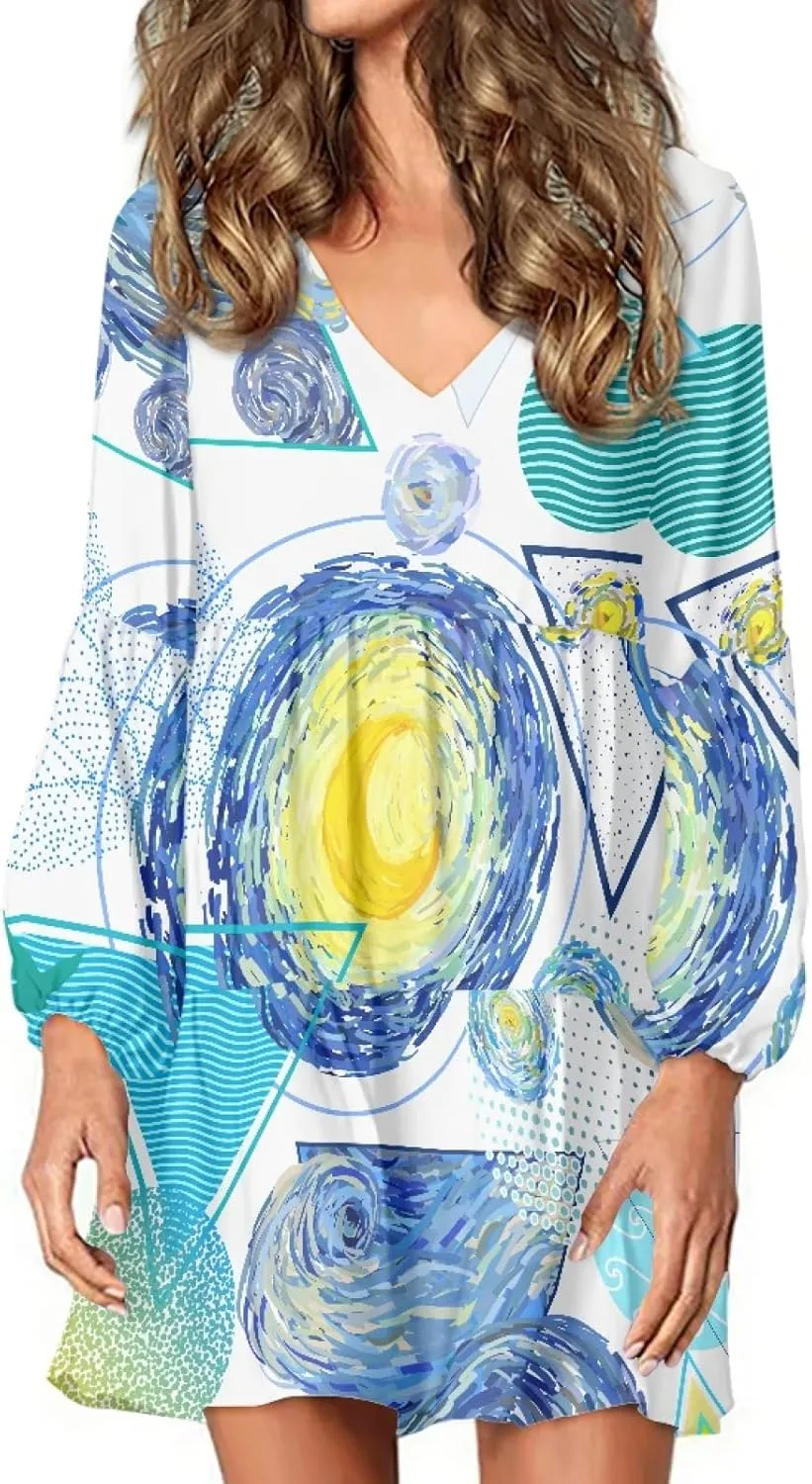 Bengbobar 2023 Van Gogh Dress Women Starry Night Summer Spring Tunic Mini Long Puff Sleeve Casual Loose Flowy Shift Dress