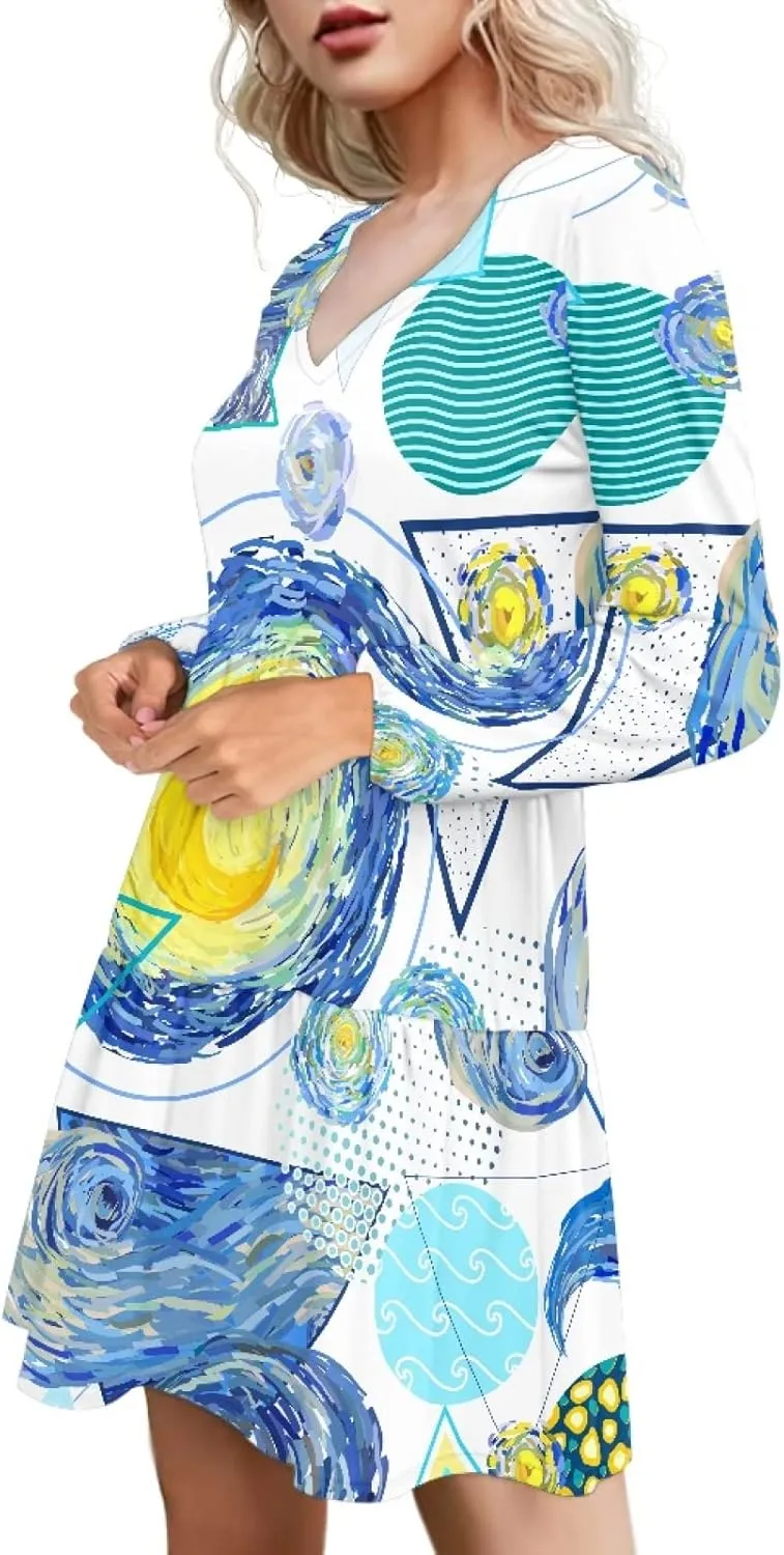 Bengbobar 2023 Van Gogh Dress Women Starry Night Summer Spring Tunic Mini Long Puff Sleeve Casual Loose Flowy Shift Dress
