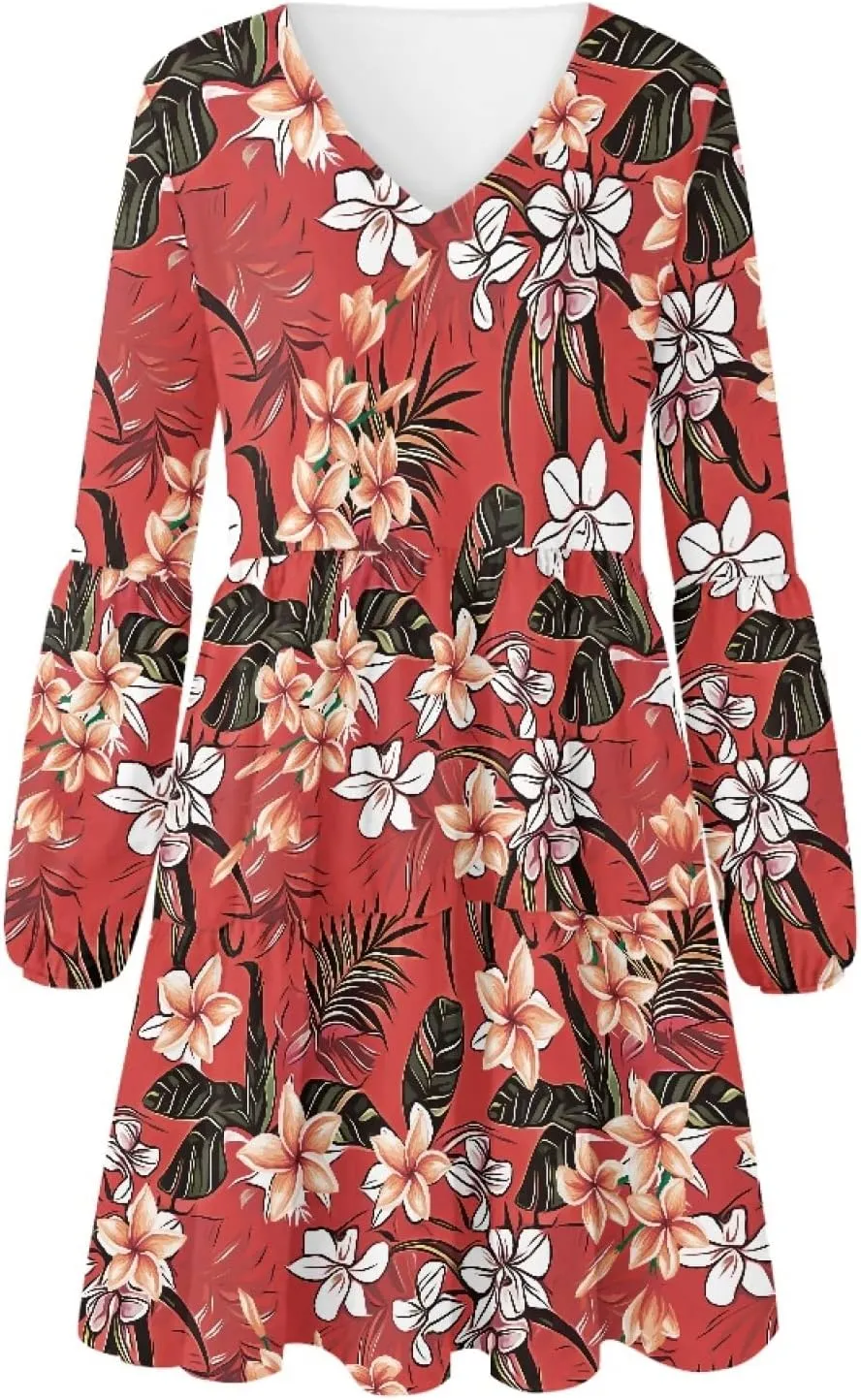 Bengbobar Women Floral Dress Funny Casual Long Puff Sleeve Summer V Neck Elegant Midi Flowy Pleated Party Swing Shift Dresses