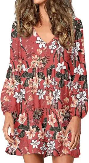 Bengbobar Women Floral Dress Funny Casual Long Puff Sleeve Summer V Neck Elegant Midi Flowy Pleated Party Swing Shift Dresses