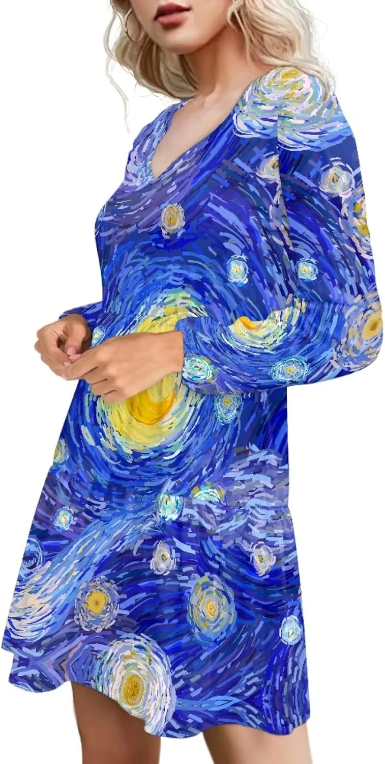 Bengbobar Women Floral Dress Funny Casual Long Puff Sleeve Summer V Neck Elegant Midi Flowy Pleated Party Swing Shift Dresses