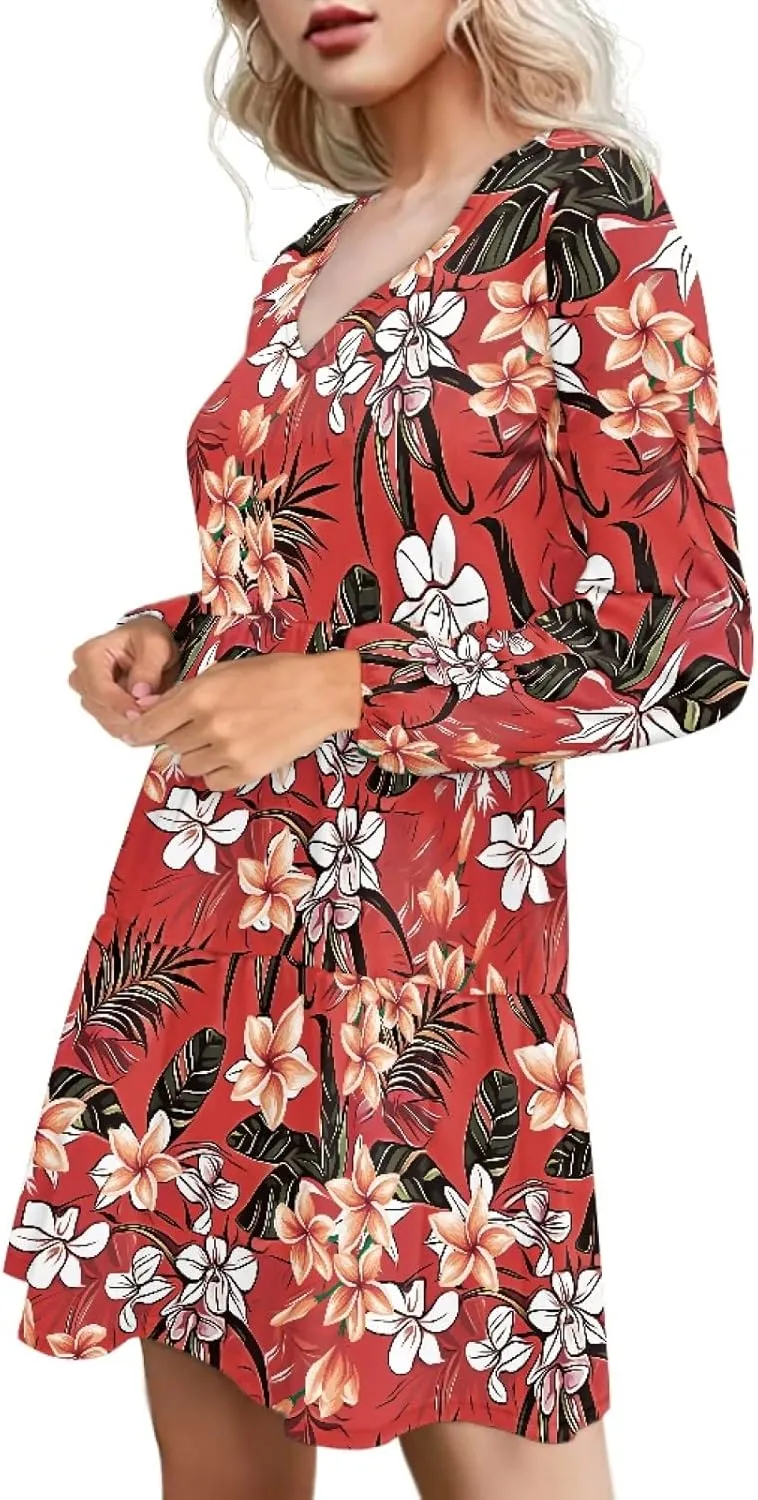 Bengbobar Women Floral Dress Funny Casual Long Puff Sleeve Summer V Neck Elegant Midi Flowy Pleated Party Swing Shift Dresses