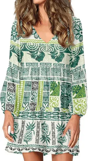 Bengbobar Women Polynesian Tribal Dress Flower V Neck Puff Long Sleeve Casual Elegant Midi Loose Pleated Swing Shift Dresses