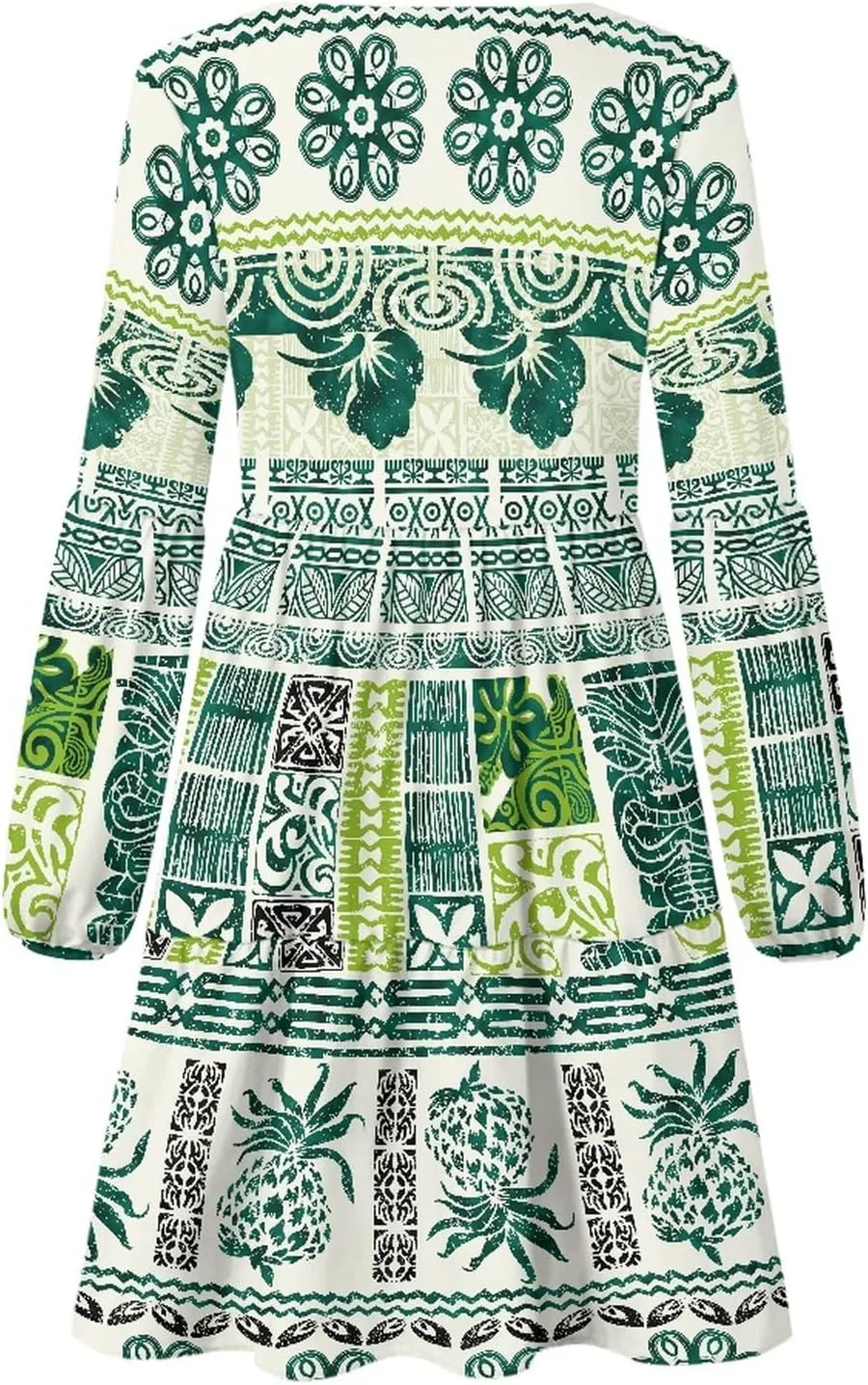 Bengbobar Women Polynesian Tribal Dress Flower V Neck Puff Long Sleeve Casual Elegant Midi Loose Pleated Swing Shift Dresses