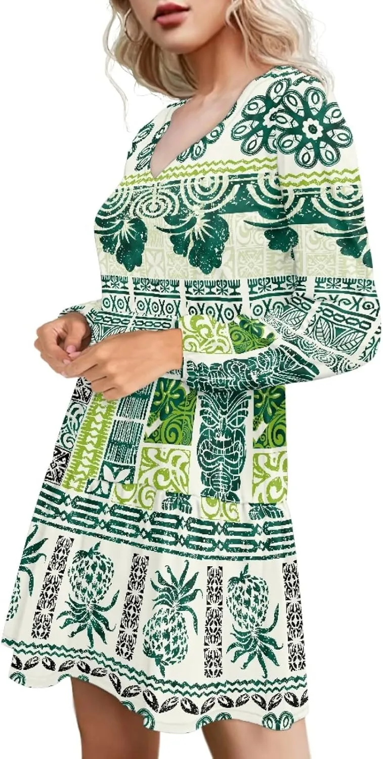 Bengbobar Women Polynesian Tribal Dress Flower V Neck Puff Long Sleeve Casual Elegant Midi Loose Pleated Swing Shift Dresses