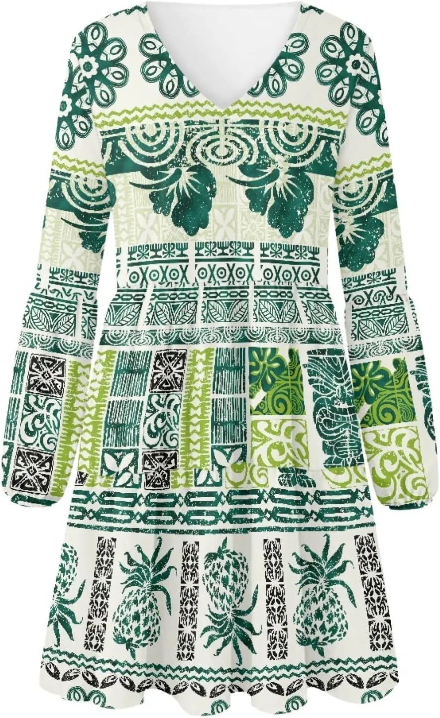 Bengbobar Women Polynesian Tribal Dress Flower V Neck Puff Long Sleeve Casual Elegant Midi Loose Pleated Swing Shift Dresses