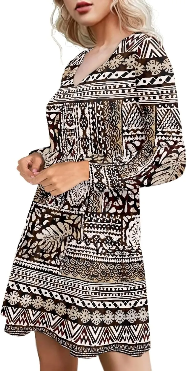 Bengbobar Womens Polynesian Print Dress Flower V Neck Long Puff Sleeve Casual Summer Elegant Mini Loose Pleated Shift Dresses